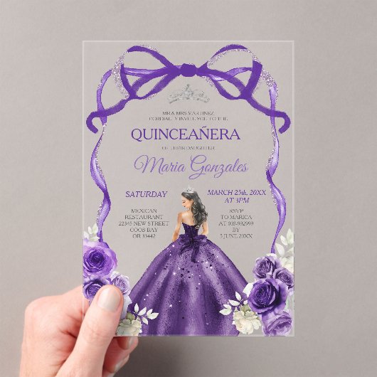Dark Purple Bow Silver Crown Princess Quinceañera アクリル招待状 (インサイチュ (ポータブル))
