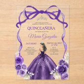 Dark Purple Bow Silver Crown Princess Quinceañera アクリル招待状 (正面)