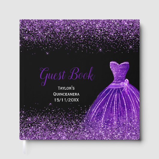 Dark Purple Dress Faux Glitter Quinceanera ゲストブック (正面)