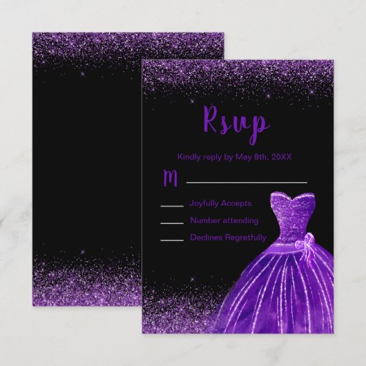 Dark Purple Dress Faux Glitter Quinceanera 出欠カード (正面/裏面)