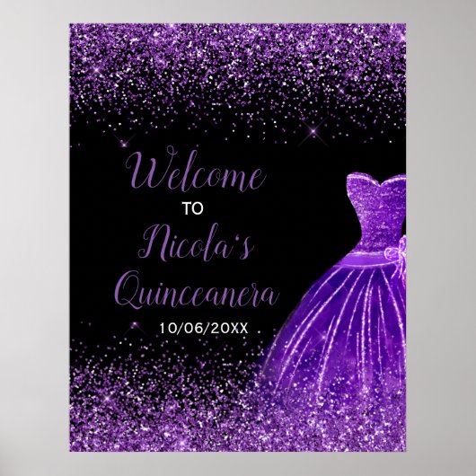 Dark Purple Dress Faux Glitter Quinceanera Welcome ポスター (正面)