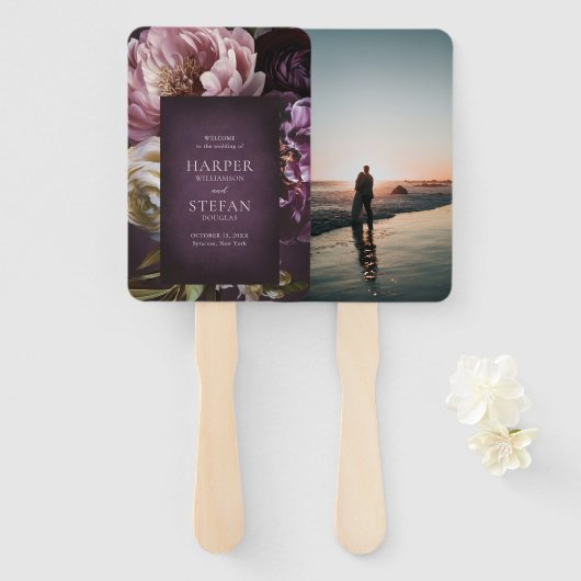 Dark Purple Fine Art Floral Elegant Wedding ハンドファン (正面&裏面)