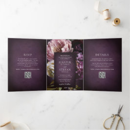 Dark Purple Fine Art Floral Elegant Wedding 三つ折り招待状