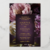 Dark Purple Fine Art Floral Elegant Wedding 箔招待状 (正面)