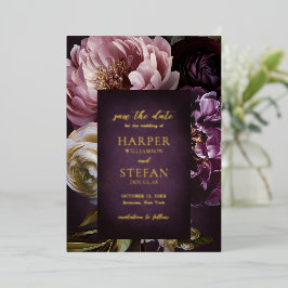 Dark Purple Fine Art Floral Wedding Save the Date 箔招待状