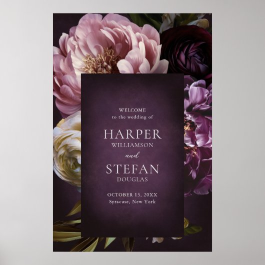 Dark Purple Fine Art Floral Wedding Wecome Sign ポスター (正面)