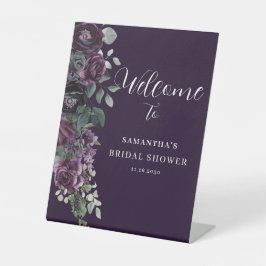 Dark Purple Floral Bridal Shower Welcome 台座サイン