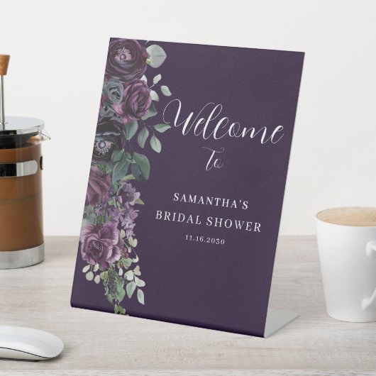Dark Purple Floral Bridal Shower Welcome  台座サイン (インサイチュ)