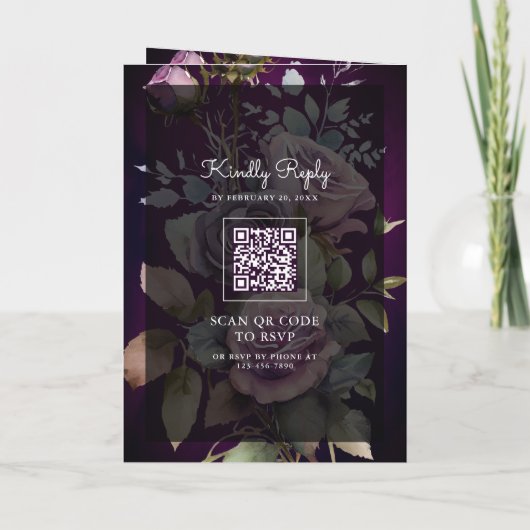 Dark Purple Floral Mason Jar QR Code Moody Wedding 招待状 (裏面)