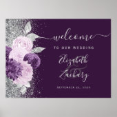 Dark Purple Floral Silver Wedding Welcome ポスター (正面)