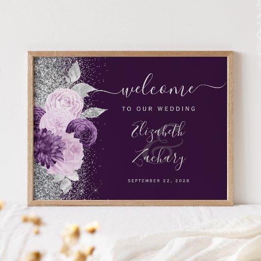 Dark Purple Floral Silver Wedding Welcome ポスター