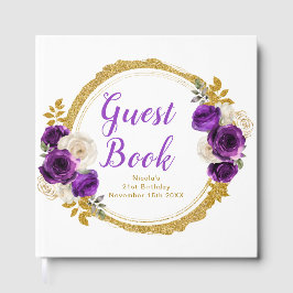 Dark Purple Gold Elegant Flowers Birthday Party ゲストブック