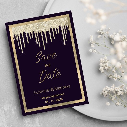 Dark purple gold luxury glitter drip Save the Date 招待状