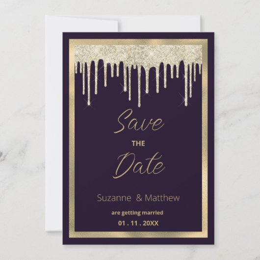 Dark purple gold luxury glitter drip Save the Date 招待状 (正面)
