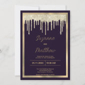 Dark purple gold luxury glitter drips Wedding 招待状 (正面)