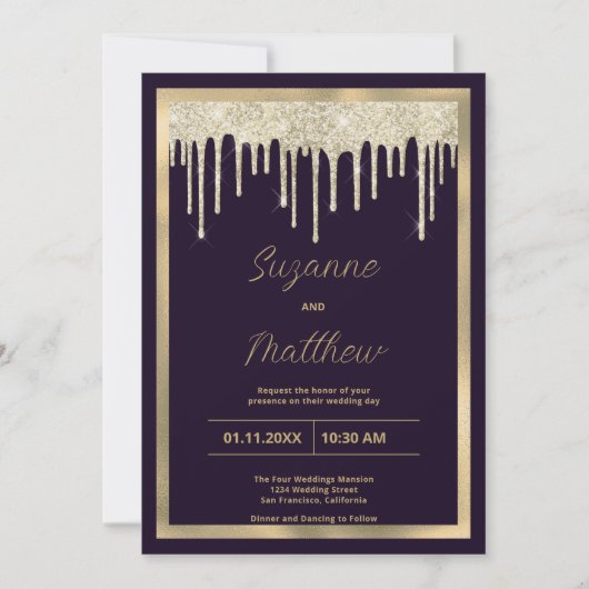 Dark purple gold luxury glitter drips Wedding 招待状 (正面)