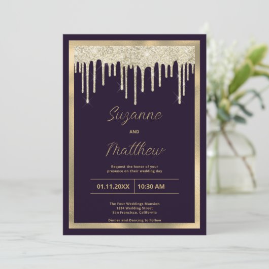 Dark purple gold luxury glitter drips Wedding 招待状 (スタンド正面)