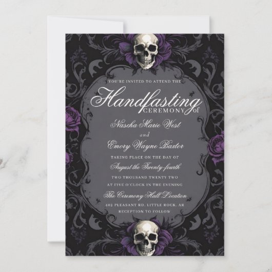 Dark Purple Gothic Boho Floral Skull Handfasting 招待状 (正面)