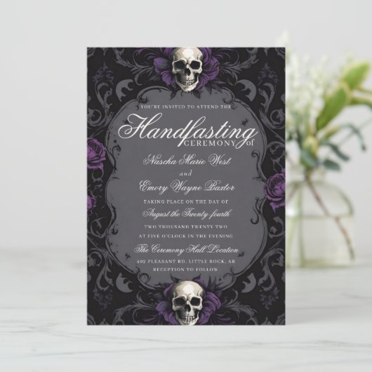 Dark Purple Gothic Boho Floral Skull Handfasting 招待状 (スタンド正面)