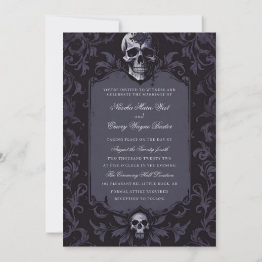 Dark Purple Gothic Boho Floral Skull Wedding 招待状 (正面)