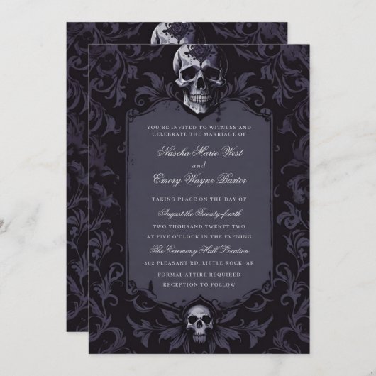 Dark Purple Gothic Boho Floral Skull Wedding 招待状 (正面/裏面)