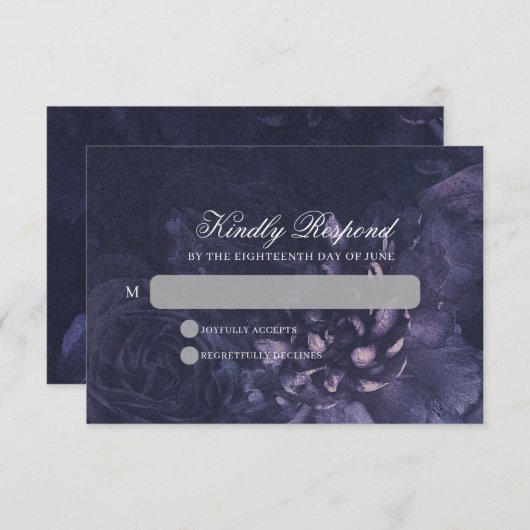 Dark Purple Gothic Boho Floral Wedding 出欠カード (正面/裏面)
