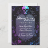Dark Purple Gothic light Floral Skull Handfasting 招待状 (正面)