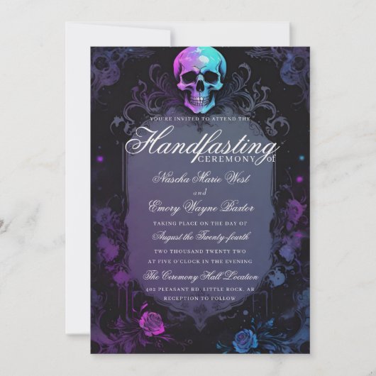 Dark Purple Gothic light Floral Skull Handfasting 招待状 (正面)