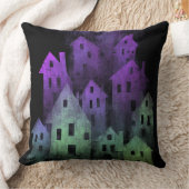 DARK PURPLE & GREEN HALLOWEEN HAUNTED HOUSES クッション (ブランケット)
