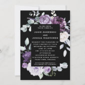 Dark Purple, Lavender, White Floral Black Wedding 招待状 (正面)