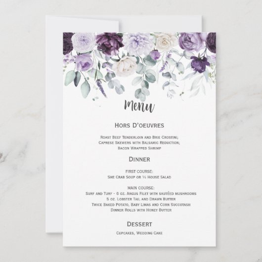 Dark Purple, Lavender, White Wedding Menu 招待状 (正面)