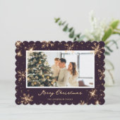 Dark Purple Modern Snowflake Photo Christmas Card シーズンカード (スタンド正面)