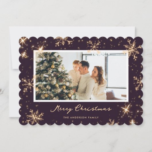 Dark Purple Modern Snowflake Photo Christmas Card シーズンカード (正面)