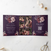 Dark Purple Moody Floral Frame QR Code Wedding 三つ折り招待状 (内部)