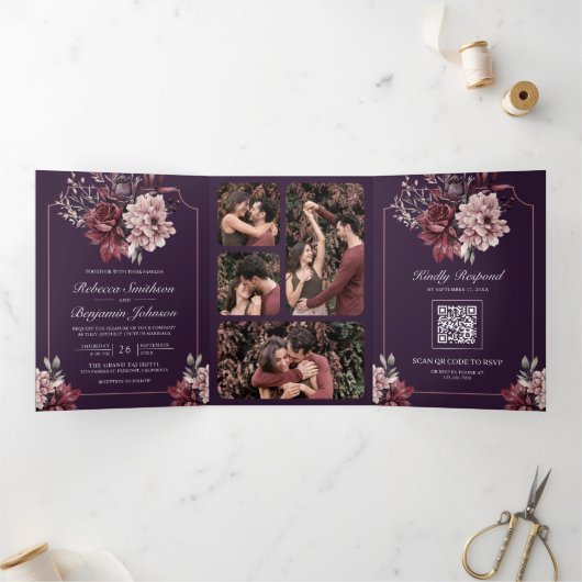 Dark Purple Moody Floral Frame QR Code Wedding 三つ折り招待状 (内部)