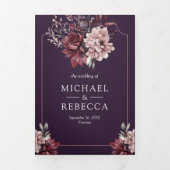 Dark Purple Moody Floral Frame QR Code Wedding 三つ折り招待状 (カバー)