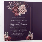 Dark Purple Moody Floral Frame QR Code Wedding 三つ折り招待状 (内部最初)