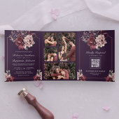 Dark Purple Moody Floral Frame QR Code Wedding 三つ折り招待状