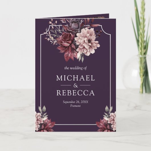 Dark Purple Moody Floral Frame QR Code Wedding 招待状 (正面)