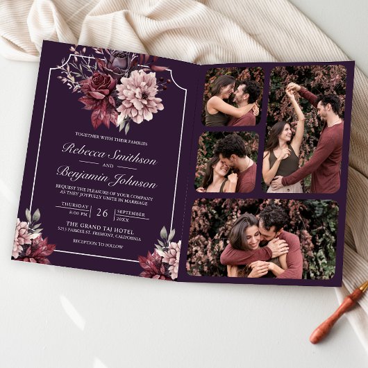 Dark Purple Moody Floral Frame QR Code Wedding 招待状