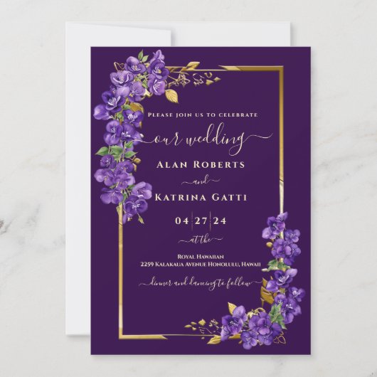 Dark Purple Violet Wedding RSVP QR Code Gold Frame 招待状 (正面)