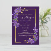 Dark Purple Violet Wedding RSVP QR Code Gold Frame 招待状 (スタンド正面)
