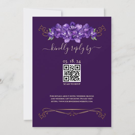 Dark Purple Violet Wedding RSVP QR Code Gold Frame 招待状 (裏面)