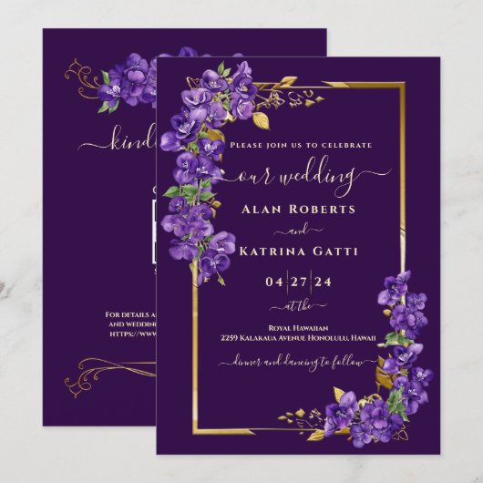 Dark Purple Violet Wedding RSVP QR Code Gold Frame 招待状 (正面/裏面)