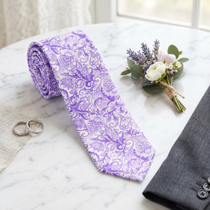 Dark Purple Violet White Floral Paisley Pattern ネクタイ