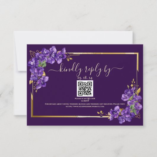 Dark Purple Wedding RSVP Violets Gold Frame (正面)