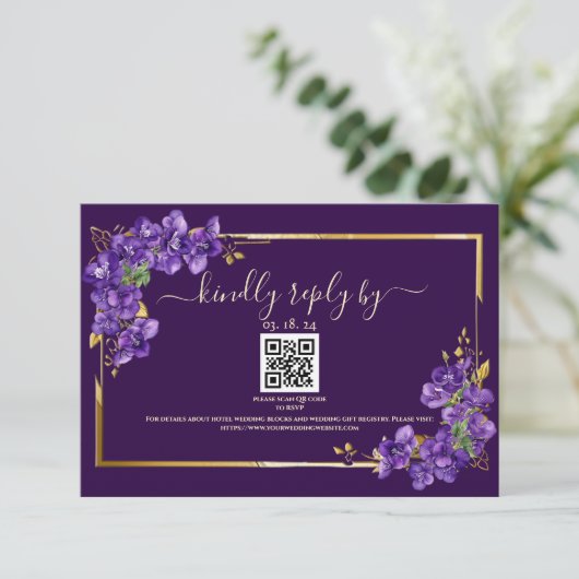 Dark Purple Wedding RSVP Violets Gold Frame (スタンド正面)