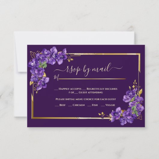 Dark Purple Wedding RSVP Violets Gold Frame (裏面)