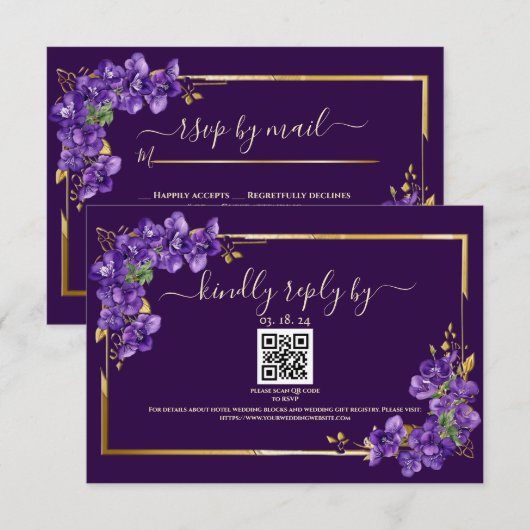 Dark Purple Wedding RSVP Violets Gold Frame (正面/裏面)