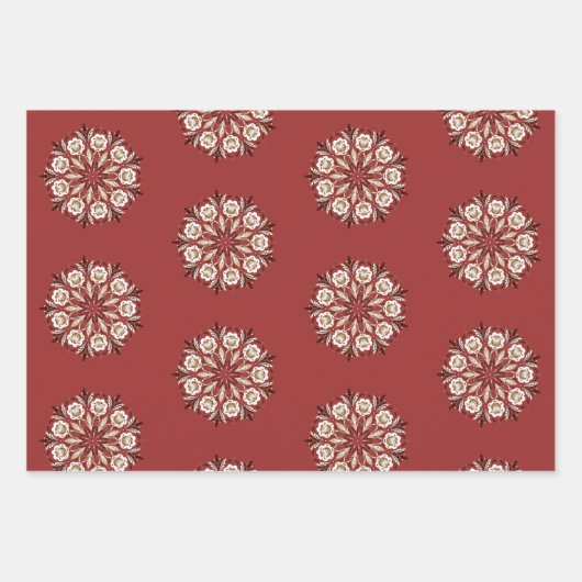 Dark red and white Norwegian Rosemaling floral  ラッピングペーパーシート (正面)